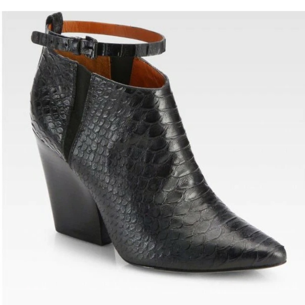 REBECCA MINKOFF La Roux Black Snake Print Ankle Strap Booties